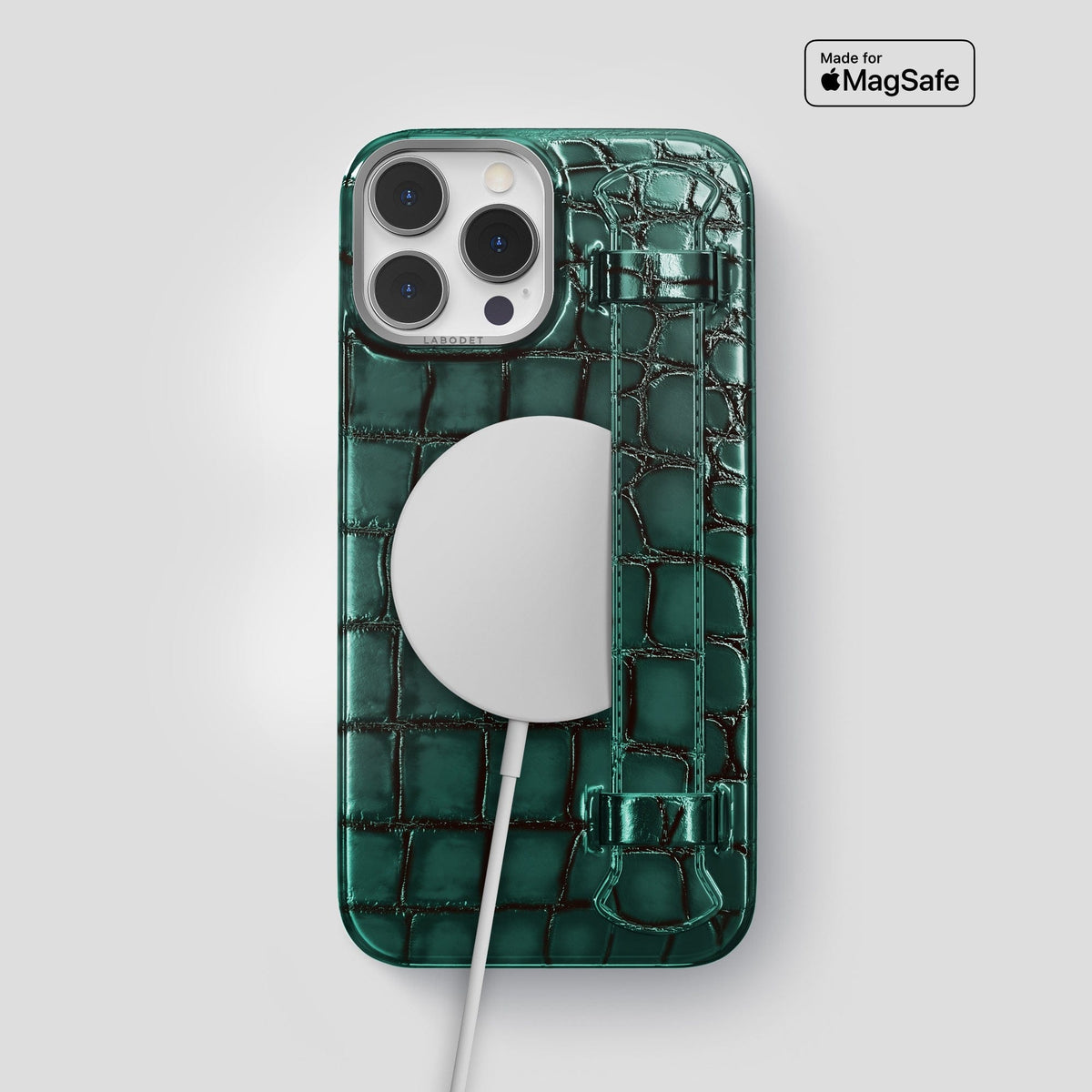 Green iPhone 15 Pro Max Strap Case Patina Alligator with Steel Metal -5 | Green-Steel