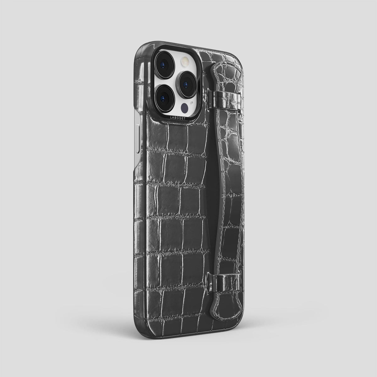 Grey iPhone 15 Pro Max Strap Case Patina Alligator with Black Metal -2 | Grey-Black