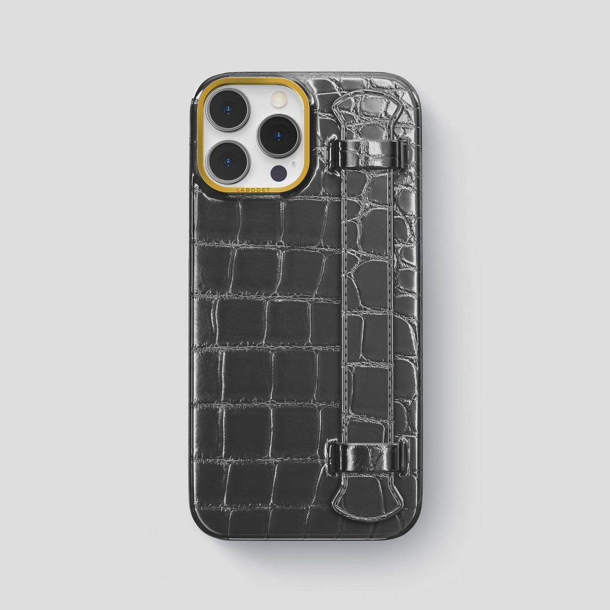 Grey iPhone 15 Pro Max Strap Case Patina Alligator with Gold Metal -1 | Grey-Gold