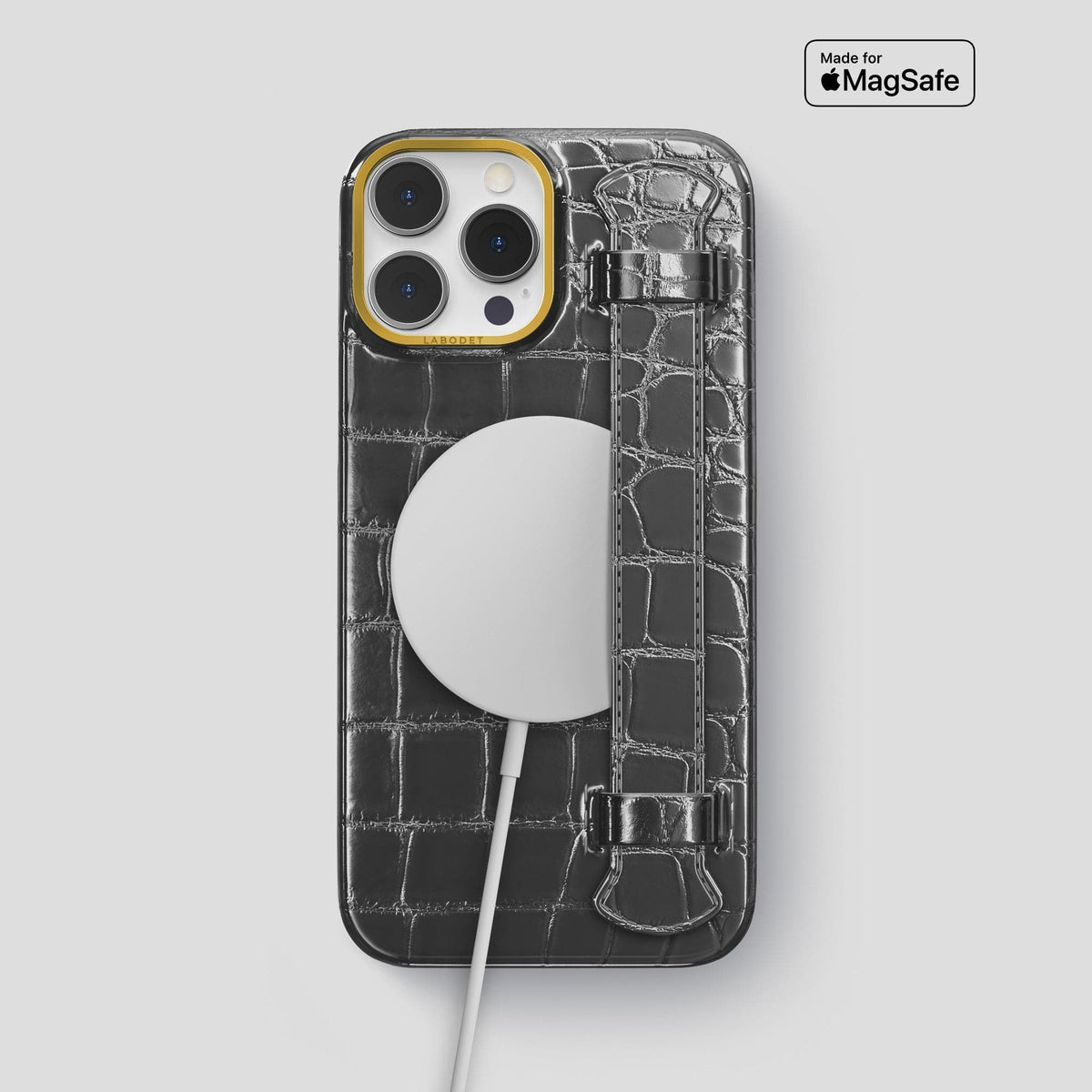 Grey iPhone 15 Pro Max Strap Case Patina Alligator with Gold Metal -5 | Grey-Gold