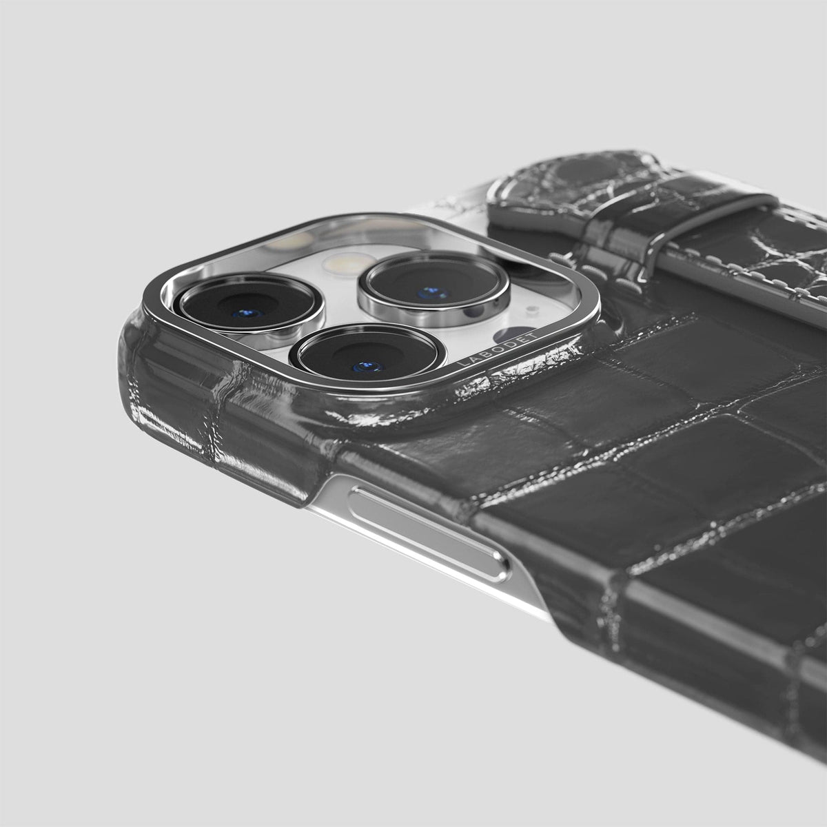 Grey iPhone 15 Pro Max Strap Case Patina Alligator with Steel Metal -6 | Grey-Steel