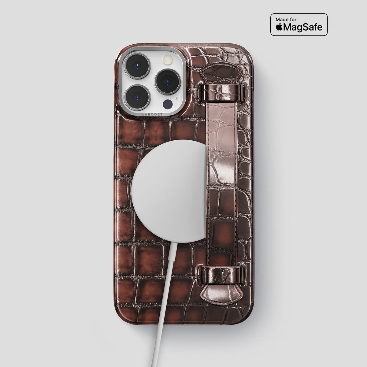 Havana-Brown iPhone 15 Pro Max Strap Case Patina Alligator with Steel Metal -5 | Havana-Brown-Steel