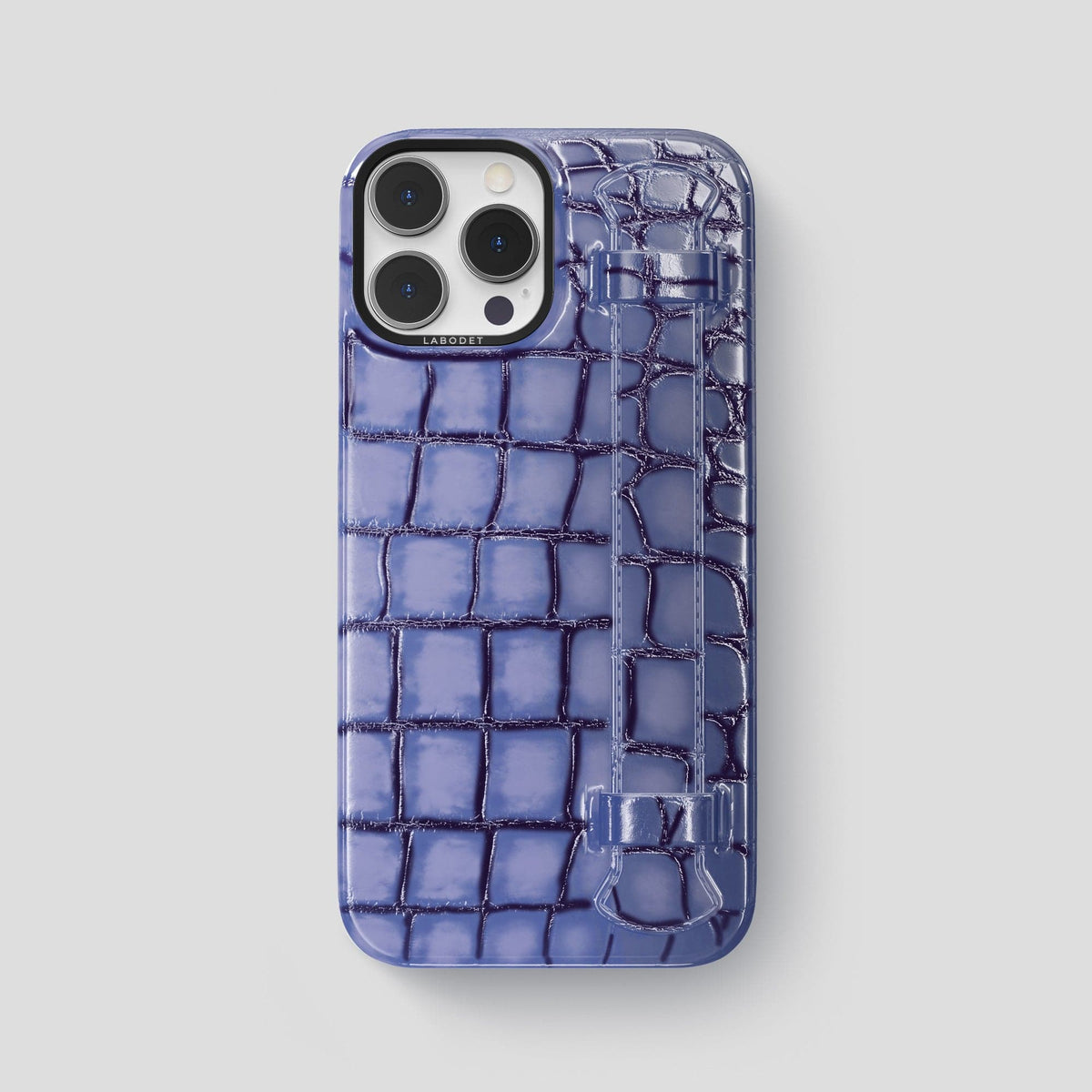 Lilac iPhone 15 Pro Max Strap Case Patina Alligator with Black Metal -1 | Lilac-Black