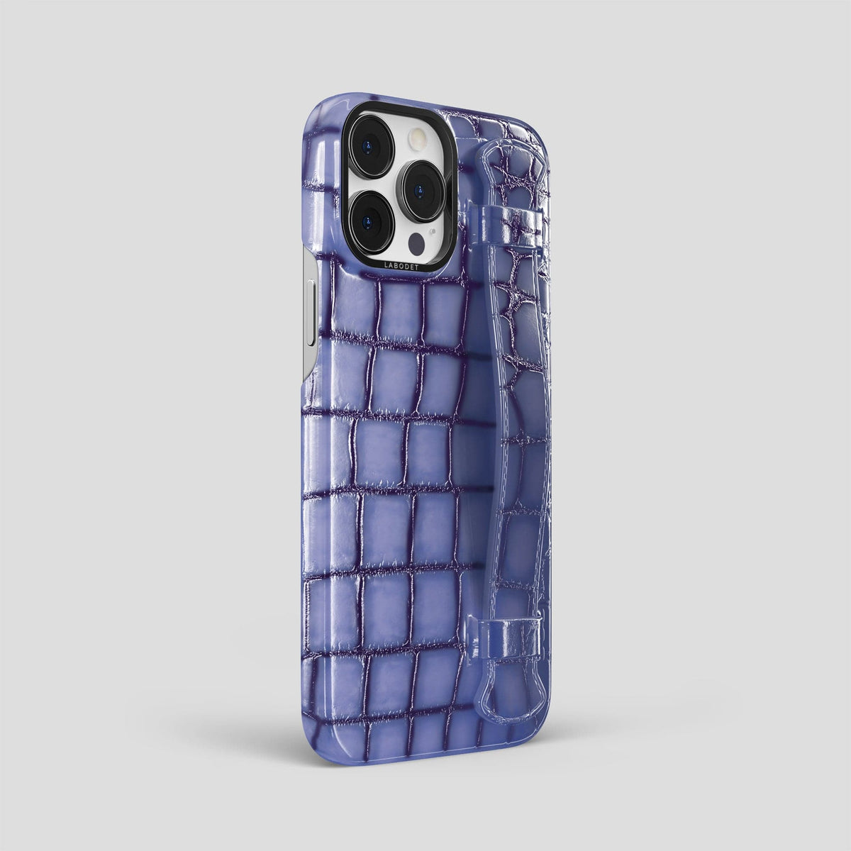 Lilac iPhone 15 Pro Max Strap Case Patina Alligator with Black Metal -2 | Lilac-Black