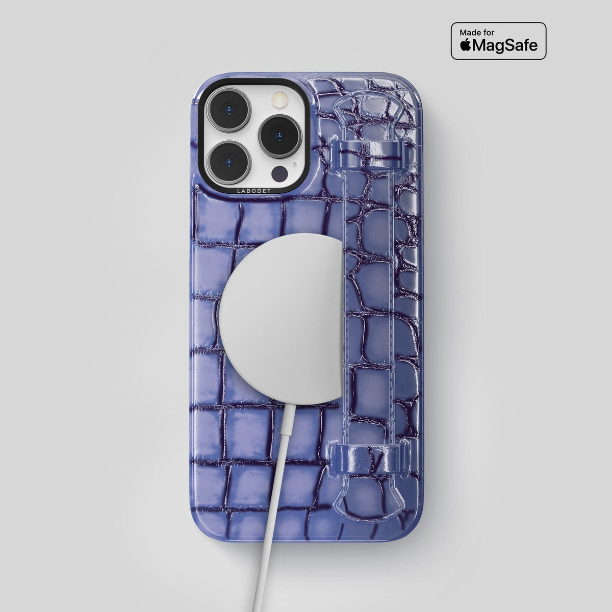 Lilac iPhone 15 Pro Max Strap Case Patina Alligator with Black Metal -5 | Lilac-Black