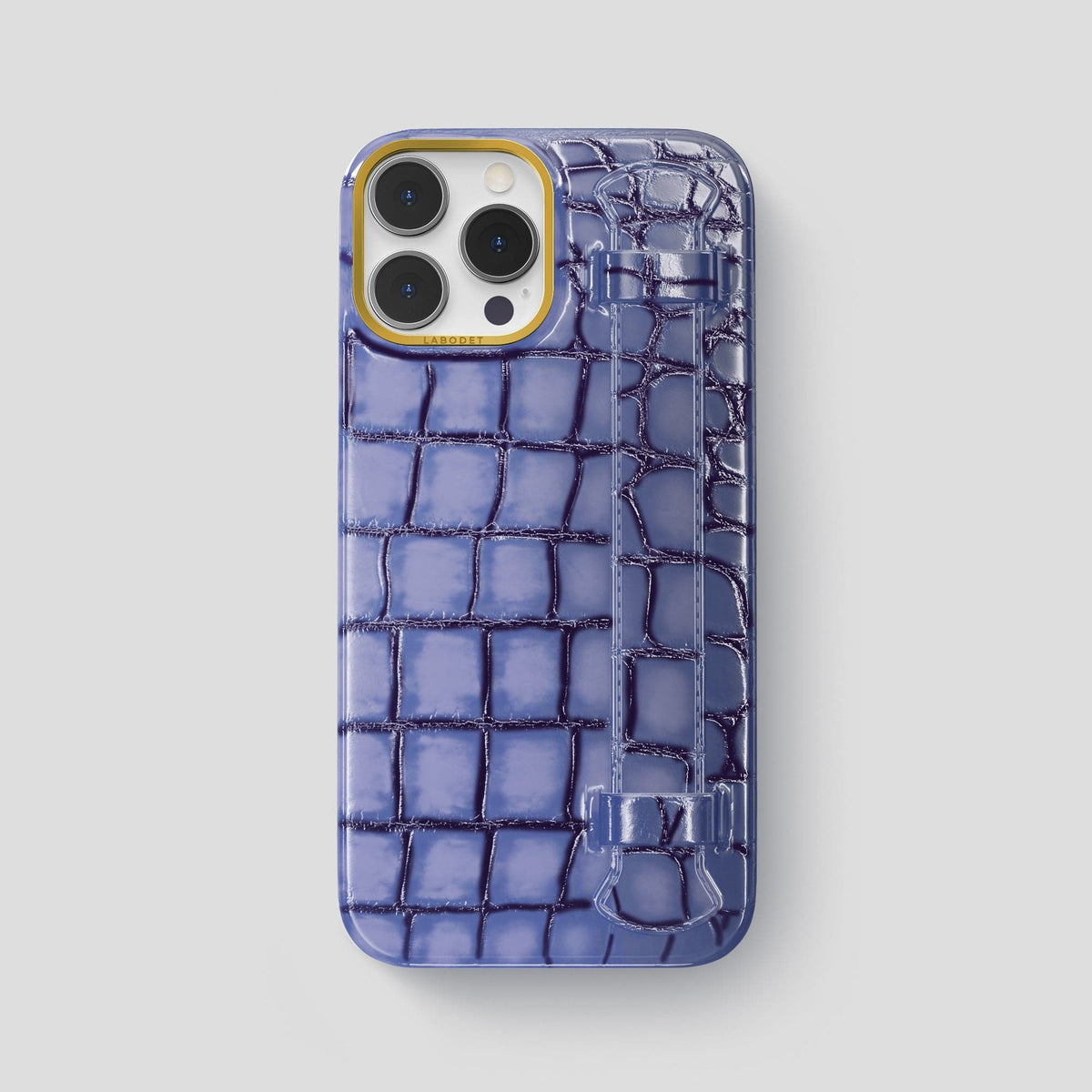 Lilac iPhone 15 Pro Max Strap Case Patina Alligator with Gold Metal -1 | Lilac-Gold
