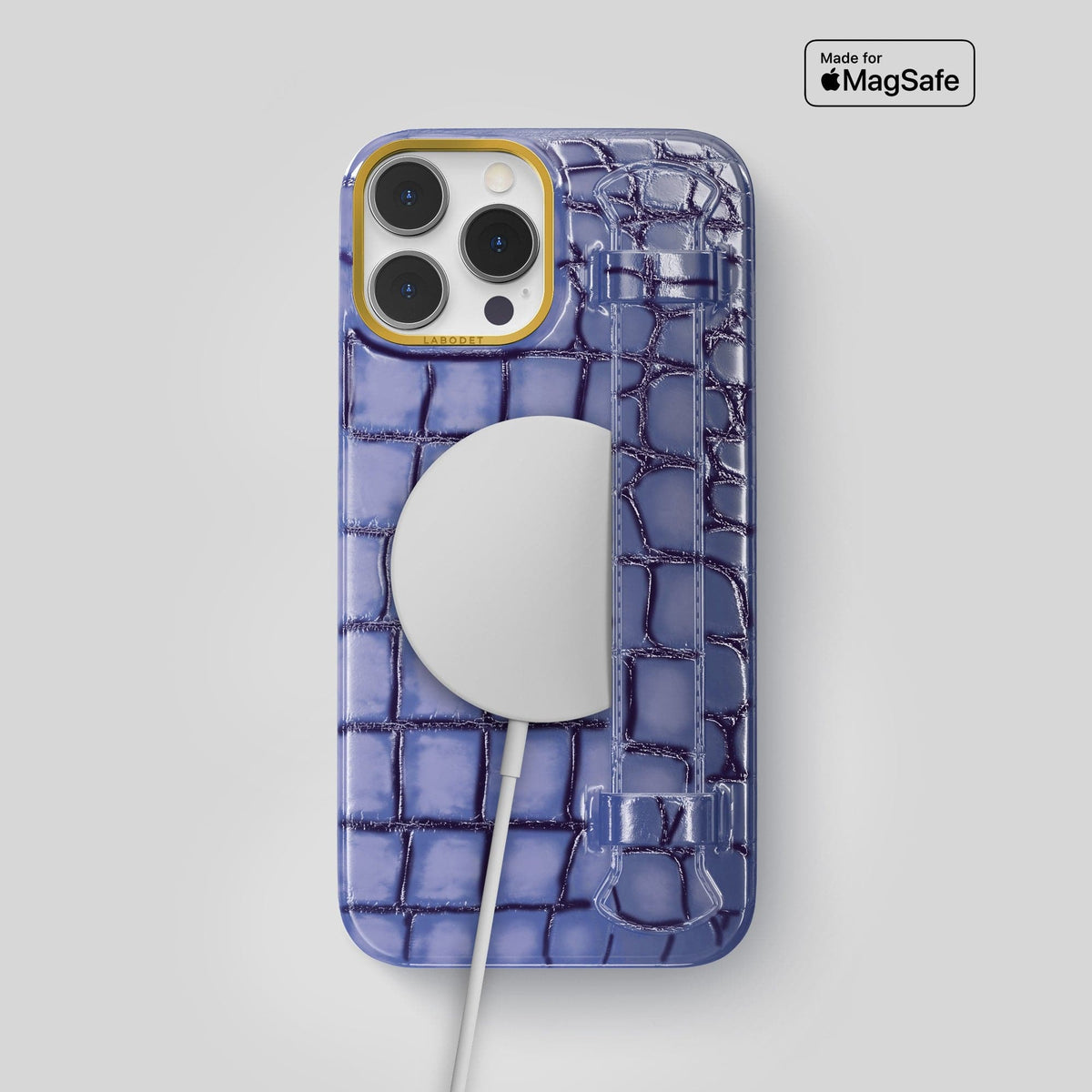 Lilac iPhone 15 Pro Max Strap Case Patina Alligator with Gold Metal -5 | Lilac-Gold