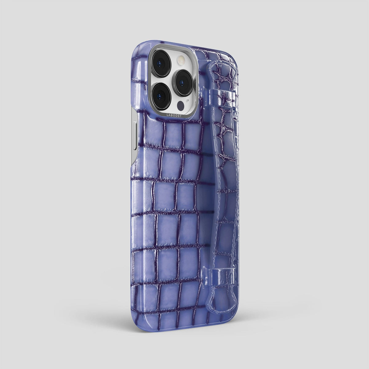 Lilac iPhone 15 Pro Max Strap Case Patina Alligator with Steel Metal -2 | Lilac-Steel