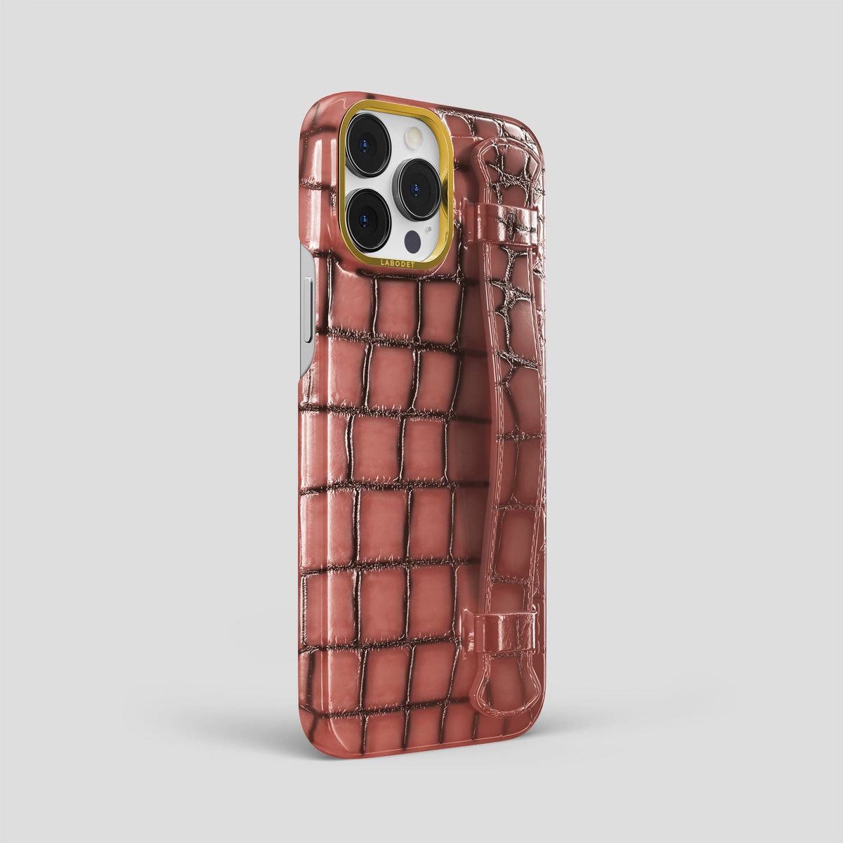 Wine-Sediment iPhone 15 Pro Max Strap Case Patina Alligator with Gold Metal -2 | Wine-Sediment-Gold