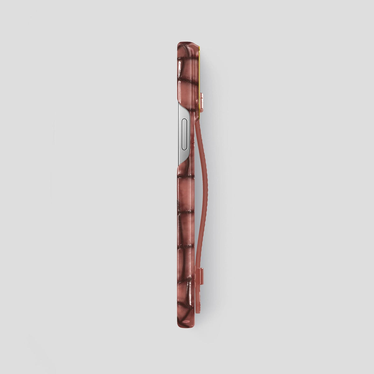 Wine-Sediment iPhone 15 Pro Max Strap Case Patina Alligator with Gold Metal -3 | Wine-Sediment-Gold