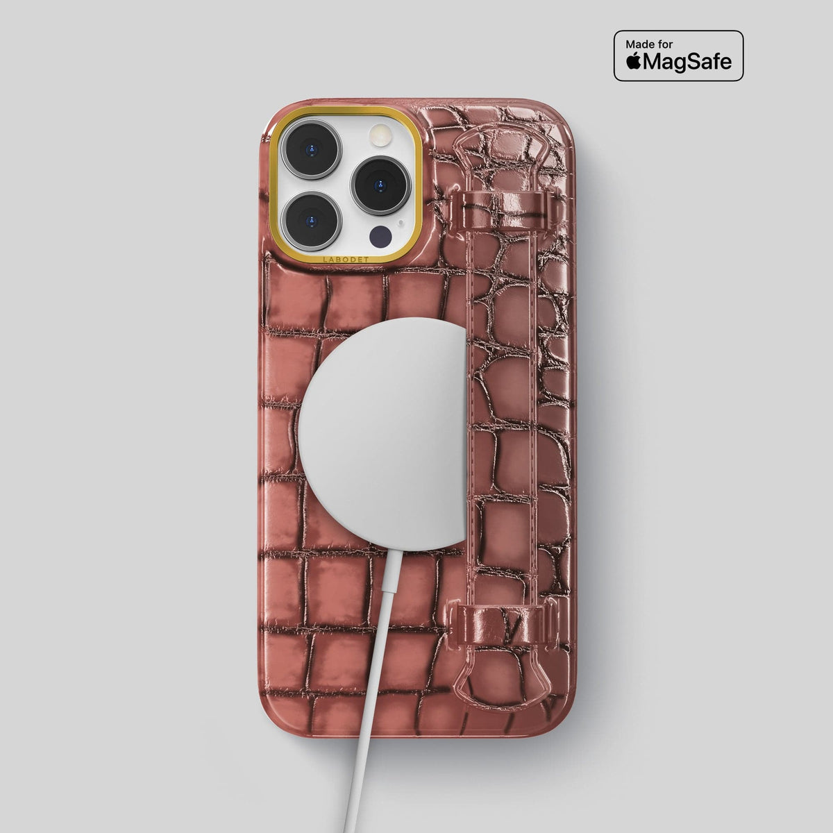 Wine-Sediment iPhone 15 Pro Max Strap Case Patina Alligator with Gold Metal -5 | Wine-Sediment-Gold