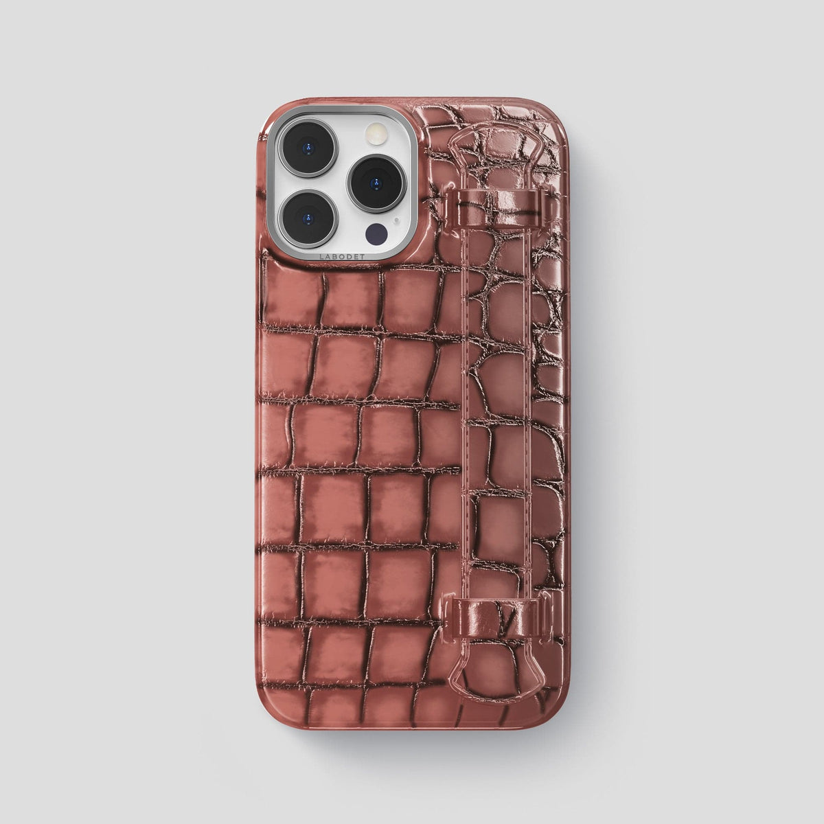 Wine-Sediment iPhone 15 Pro Max Strap Case Patina Alligator with Steel Metal -1 | Wine-Sediment-Steel