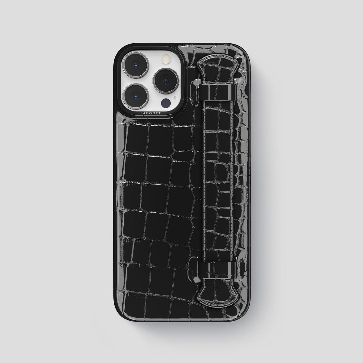 Black iPhone 14 Pro Max Strap Case Shiny Alligator with Black Metal -1 | Black-Black