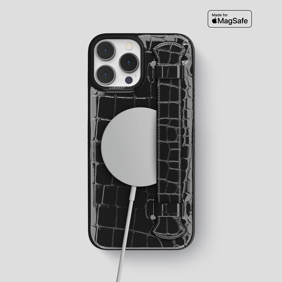 Black iPhone 14 Pro Max Strap Case Shiny Alligator with Black Metal -5 | Black-Black