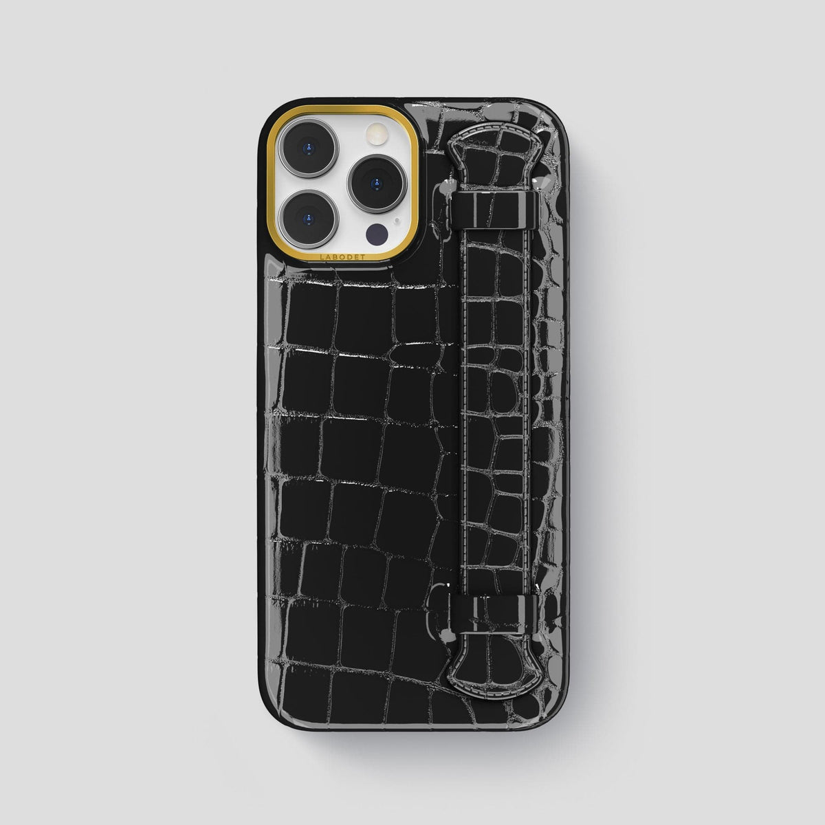 Black iPhone 14 Pro Max Strap Case Shiny Alligator with Gold Metal -1 | Black-Gold