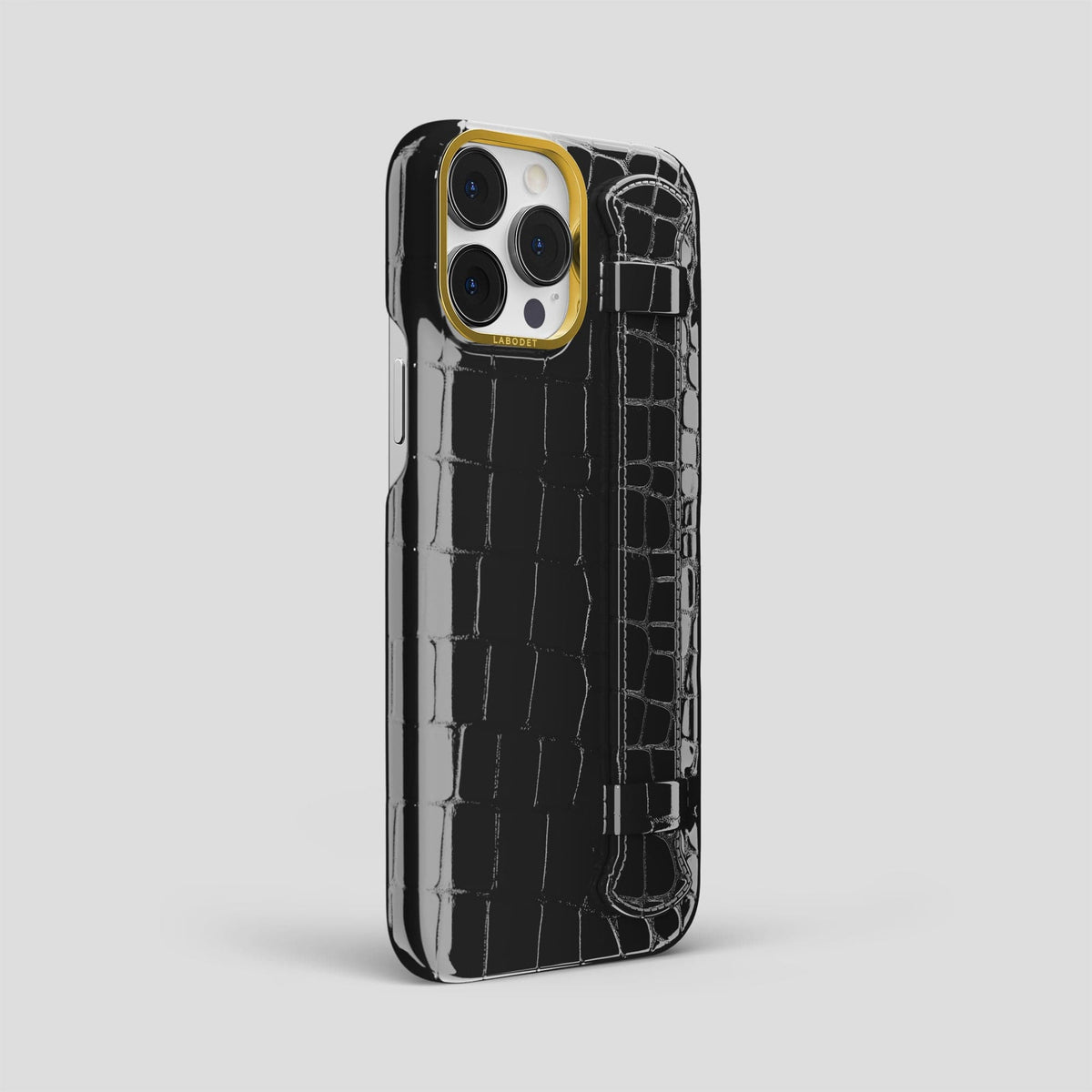 Black iPhone 14 Pro Max Strap Case Shiny Alligator with Gold Metal -2 | Black-Gold