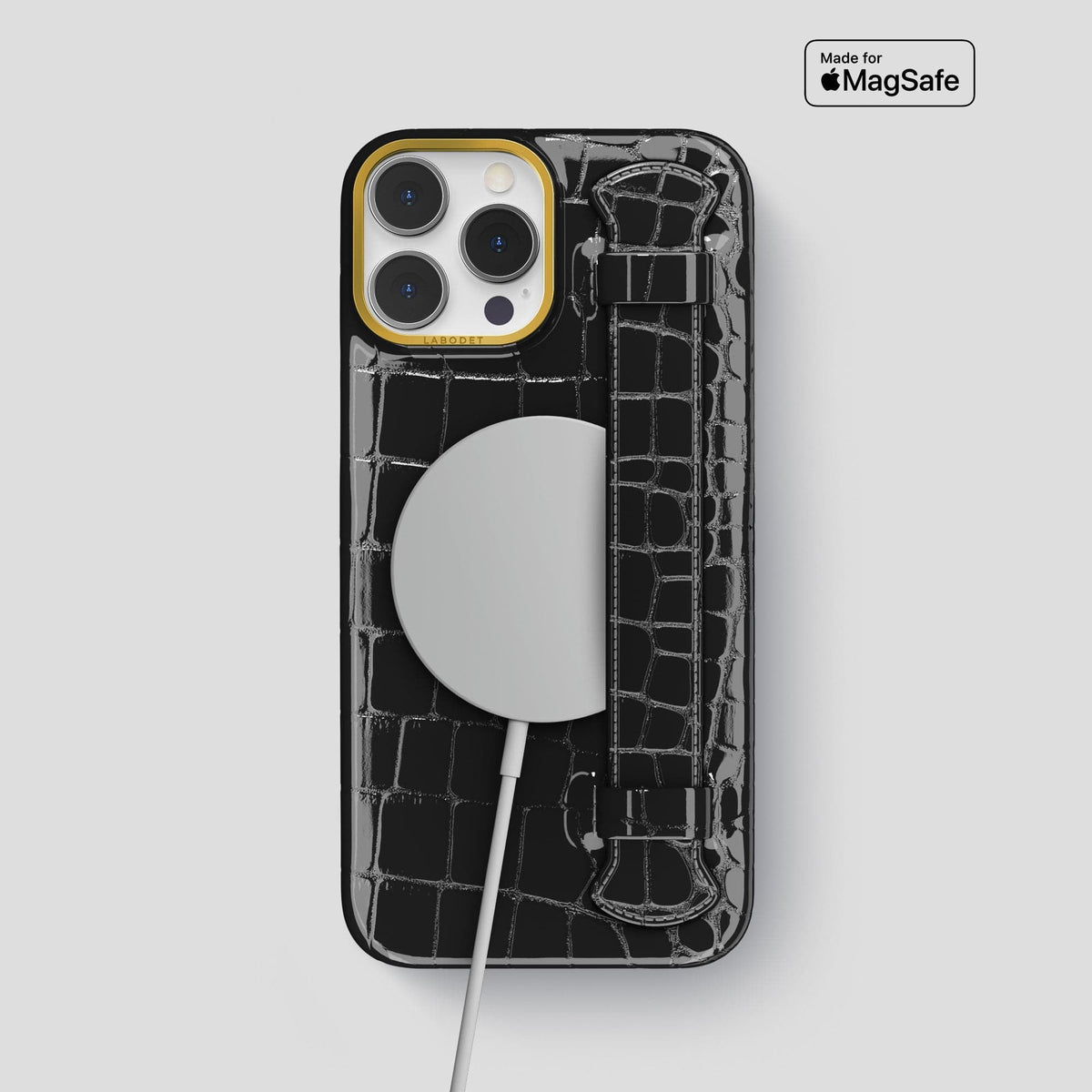 Black iPhone 14 Pro Max Strap Case Shiny Alligator with Gold Metal -5 | Black-Gold