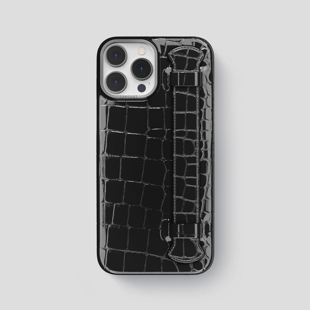 Black iPhone 14 Pro Max Strap Case Shiny Alligator with Steel Metal -1 | Black-Steel
