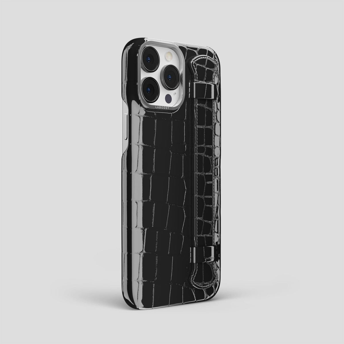 Black iPhone 14 Pro Max Strap Case Shiny Alligator with Steel Metal -2 | Black-Steel