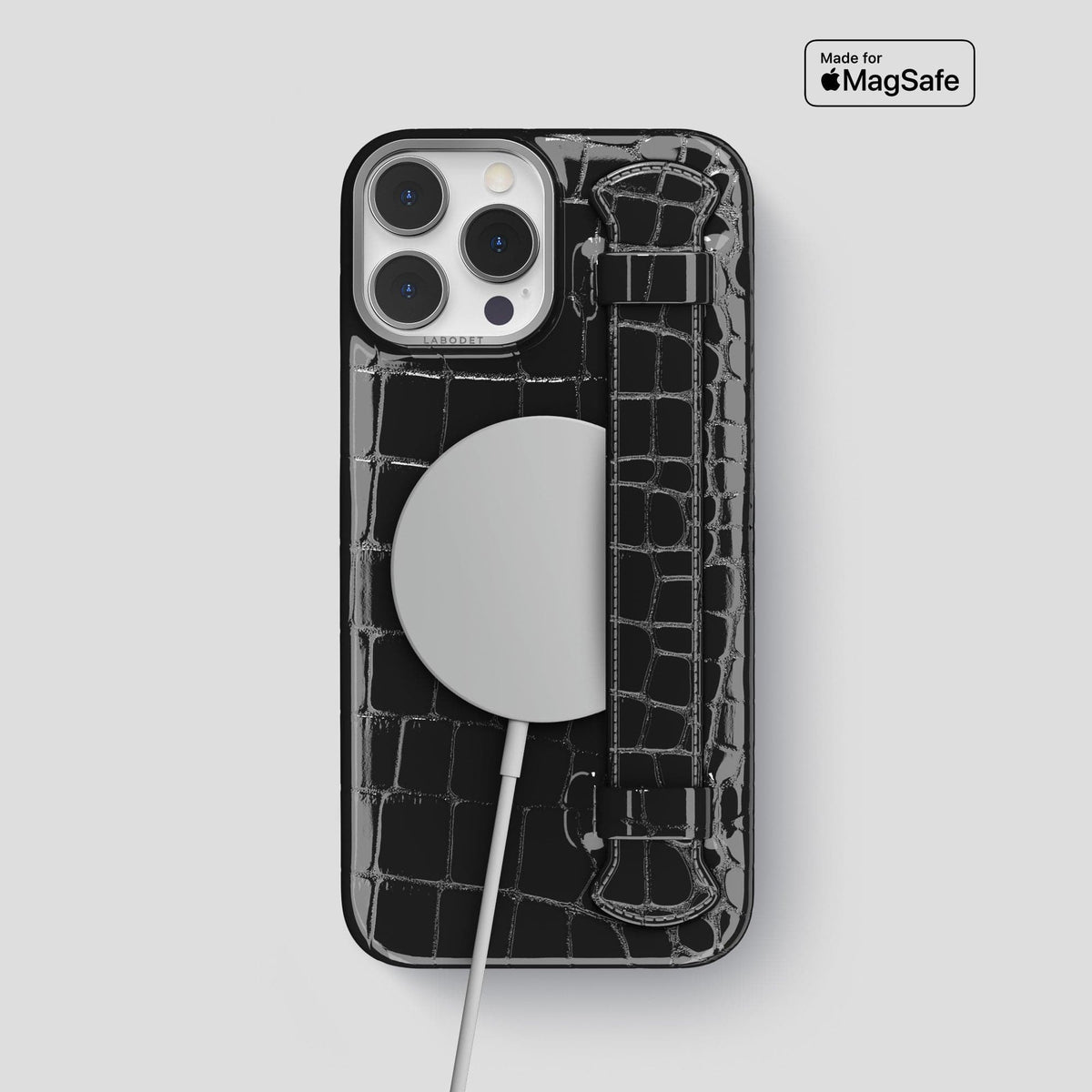 Black iPhone 14 Pro Max Strap Case Shiny Alligator with Steel Metal -5 | Black-Steel