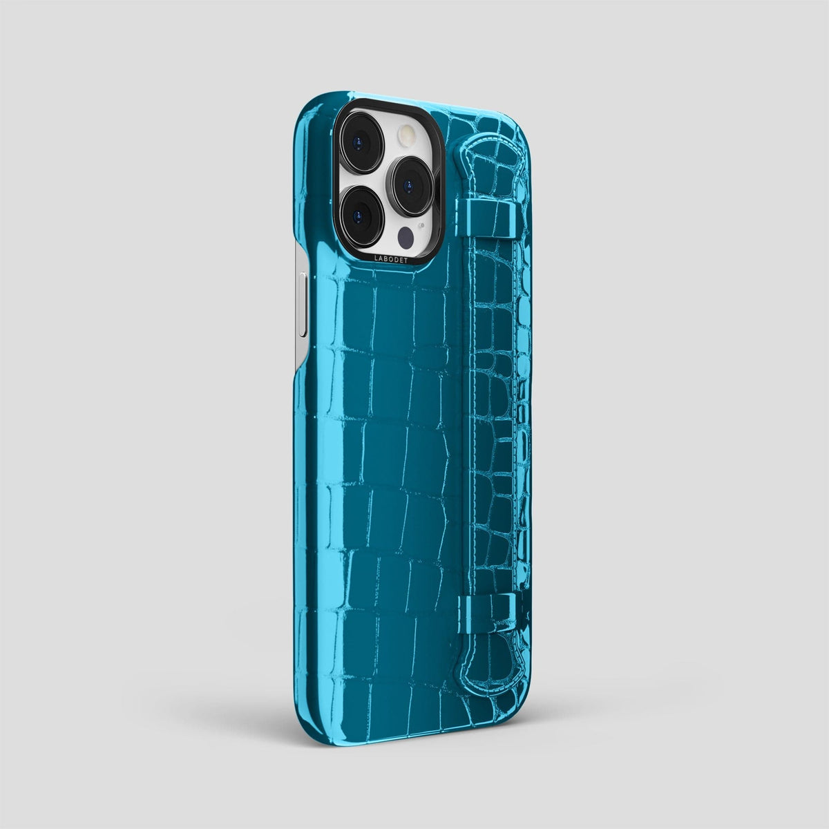 Blue iPhone 14 Pro Max Strap Case Shiny Alligator with Black Metal -2 | Blue-Black