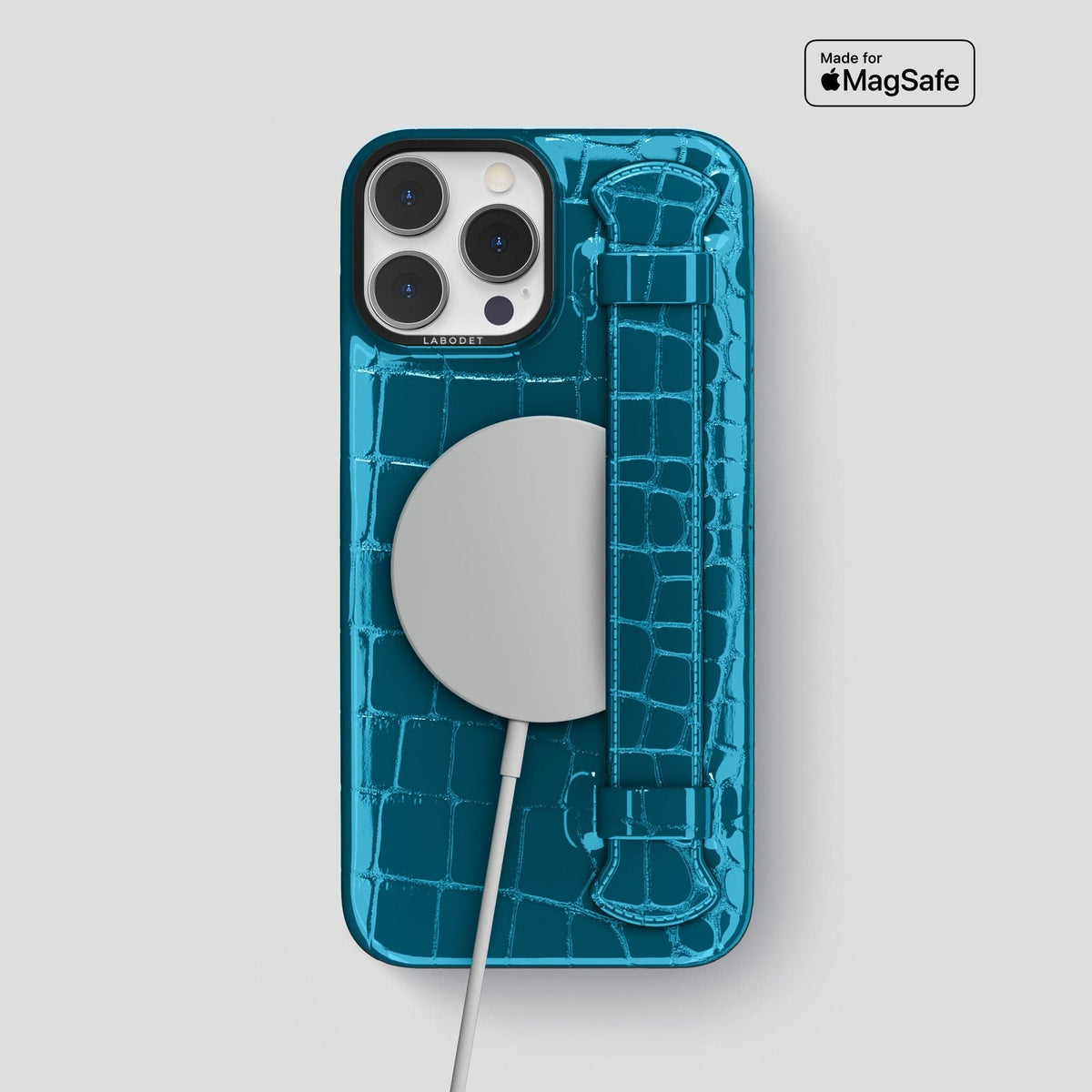 Blue iPhone 14 Pro Max Strap Case Shiny Alligator with Black Metal -5 | Blue-Black