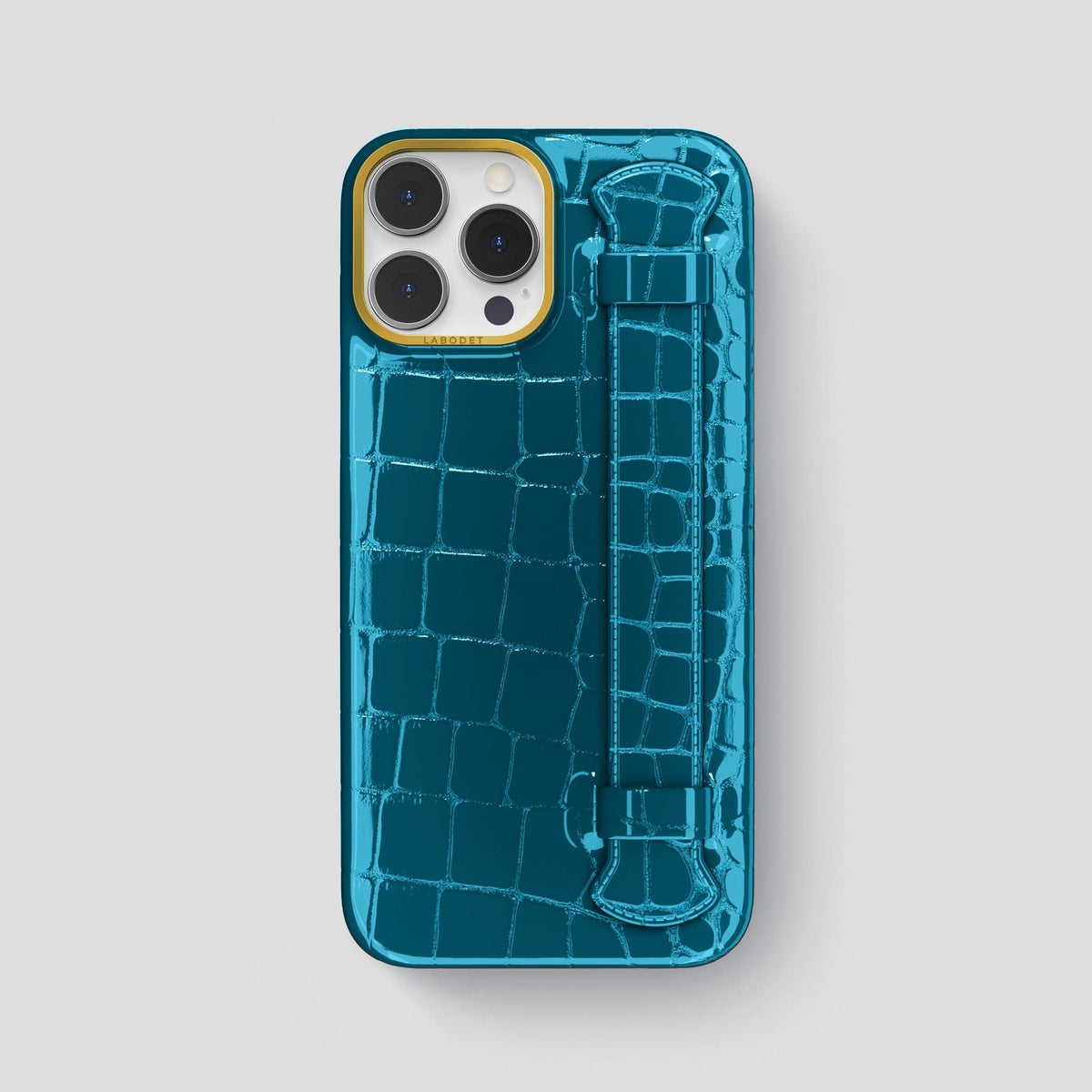 Blue iPhone 14 Pro Max Strap Case Shiny Alligator with Gold Metal -1 | Blue-Gold