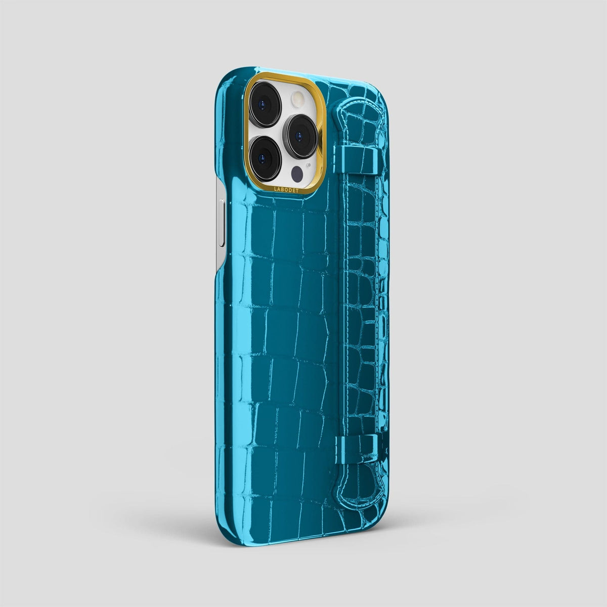 Blue iPhone 14 Pro Max Strap Case Shiny Alligator with Gold Metal -2 | Blue-Gold