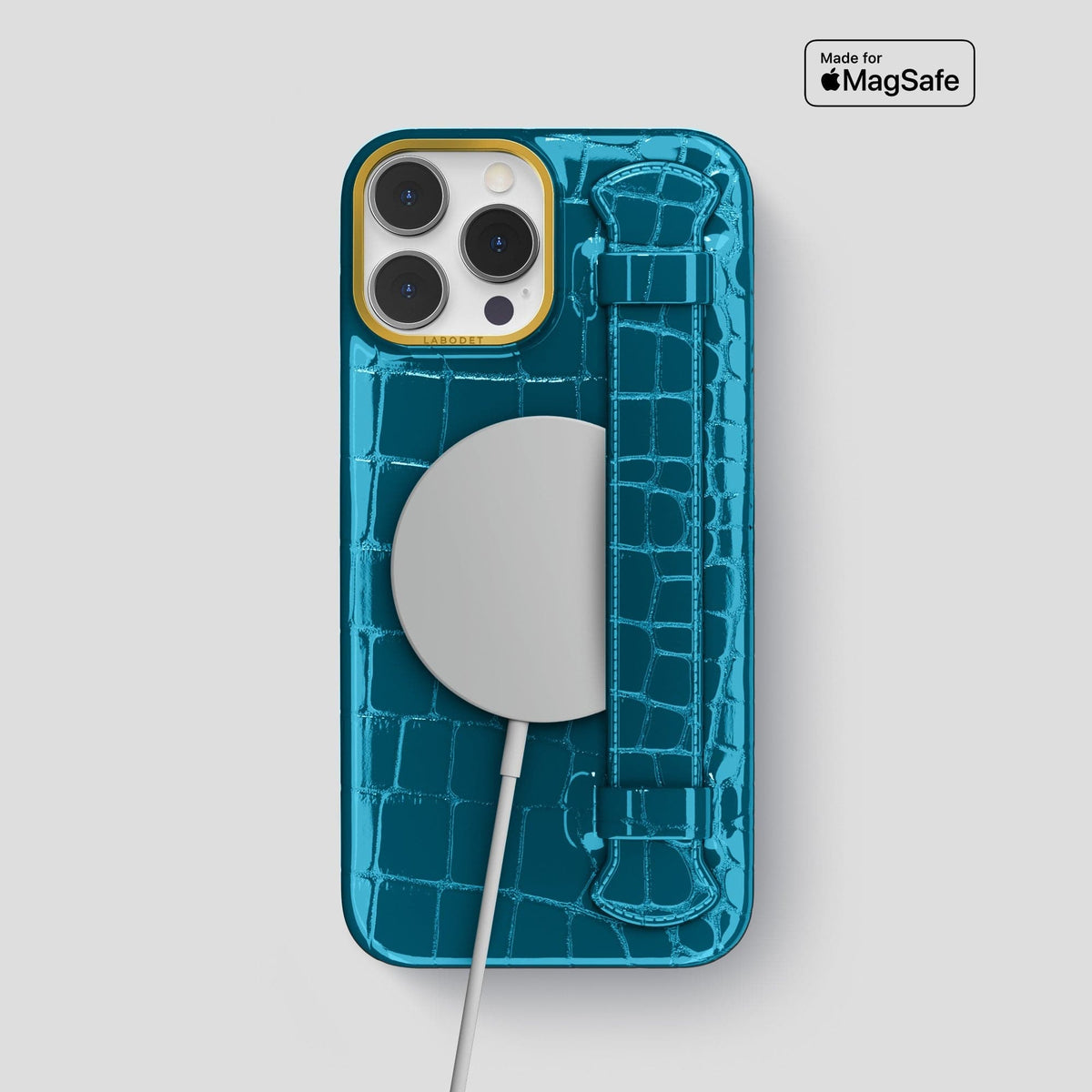 Blue iPhone 14 Pro Max Strap Case Shiny Alligator with Gold Metal -5 | Blue-Gold
