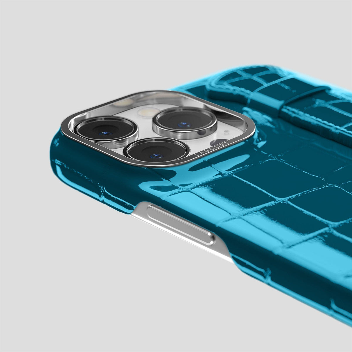 Blue iPhone 14 Pro Max Strap Case Shiny Alligator with Steel Metal -6 | Blue-Steel