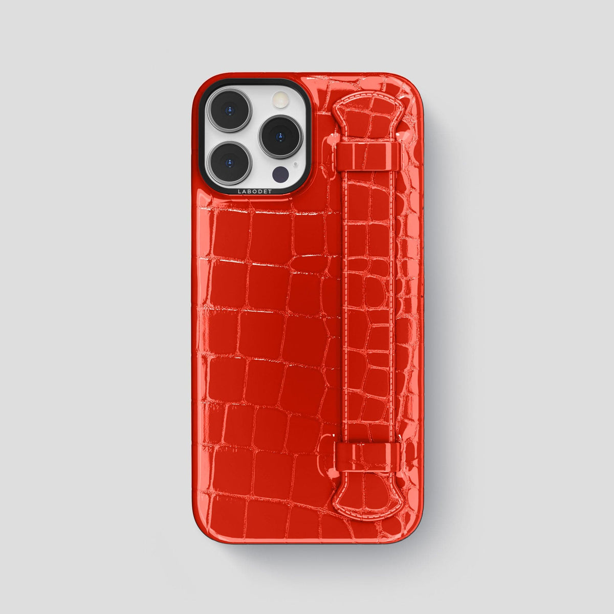 Coral Orange iPhone 14 Pro Max Strap Case Shiny Alligator with Black Metal -1 | Coral-Orange-Black