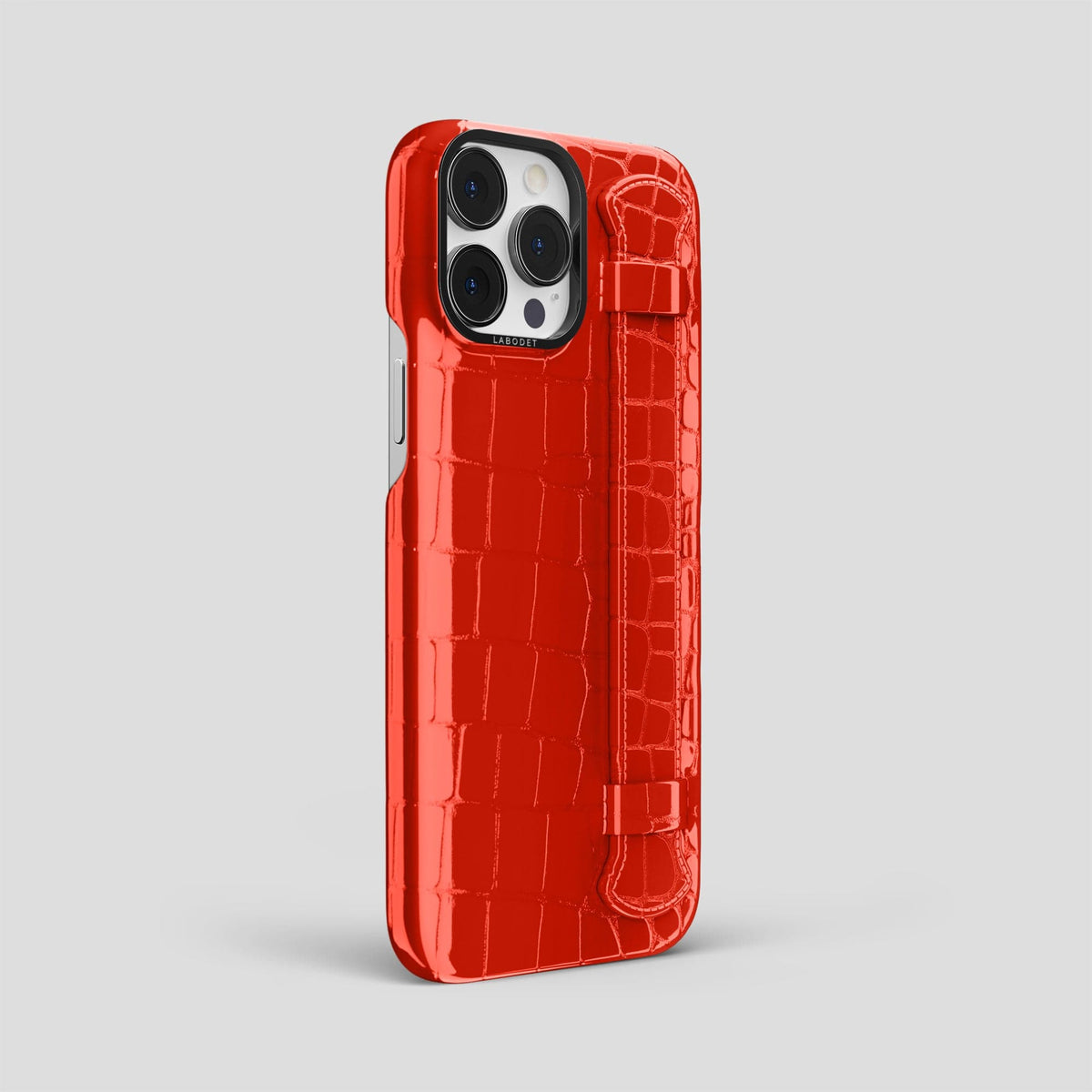 Coral Orange iPhone 14 Pro Max Strap Case Shiny Alligator with Black Metal -2 | Coral-Orange-Black