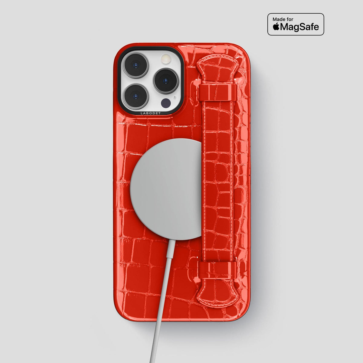 Coral Orange iPhone 14 Pro Max Strap Case Shiny Alligator with Black Metal -5 | Coral-Orange-Black