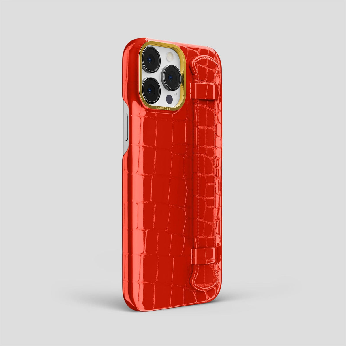 Coral Orange iPhone 14 Pro Max Strap Case Shiny Alligator with Gold Metal -2 | Coral-Orange-Gold