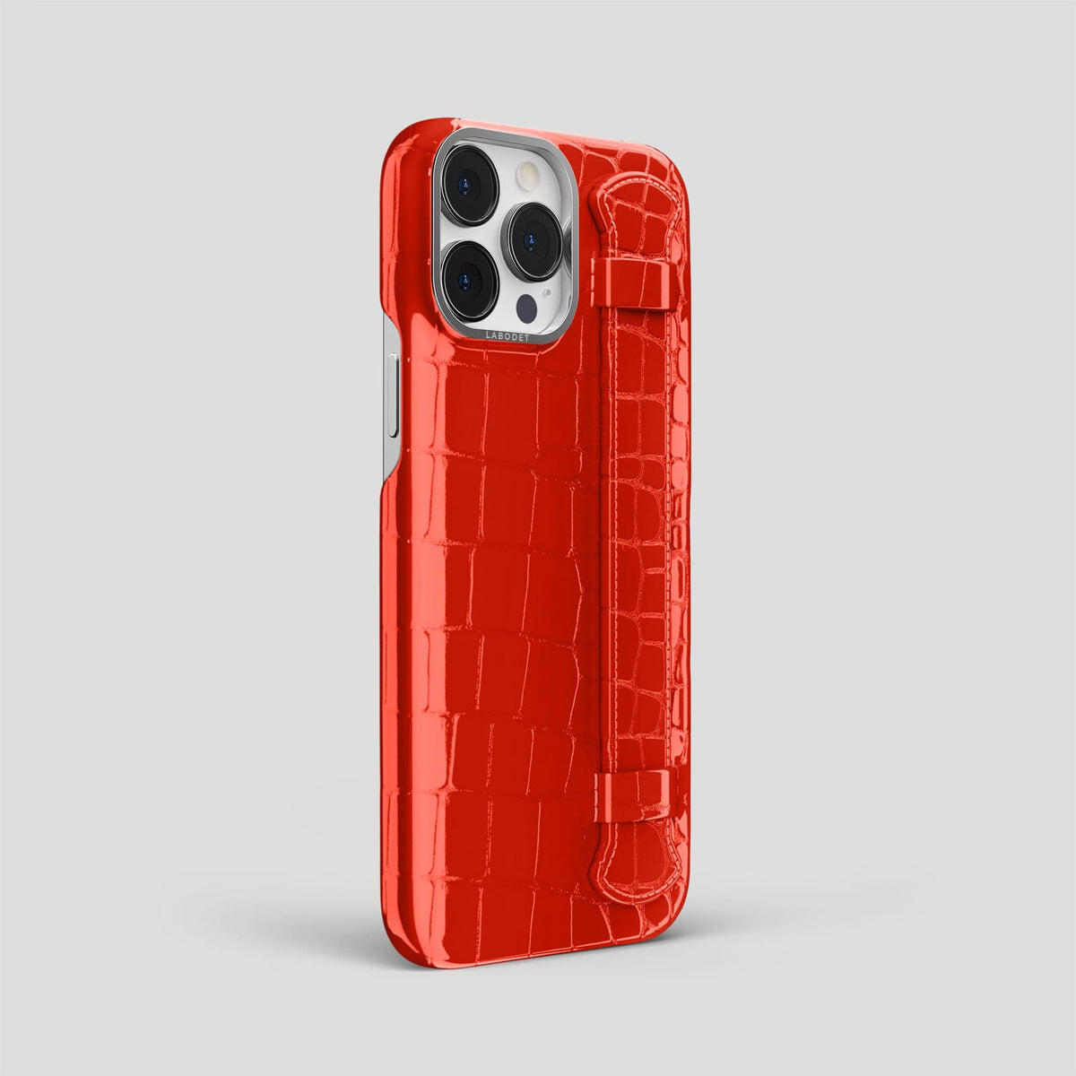 Coral Orange iPhone 14 Pro Max Strap Case Shiny Alligator with Steel Metal -2 | Coral-Orange-Steel