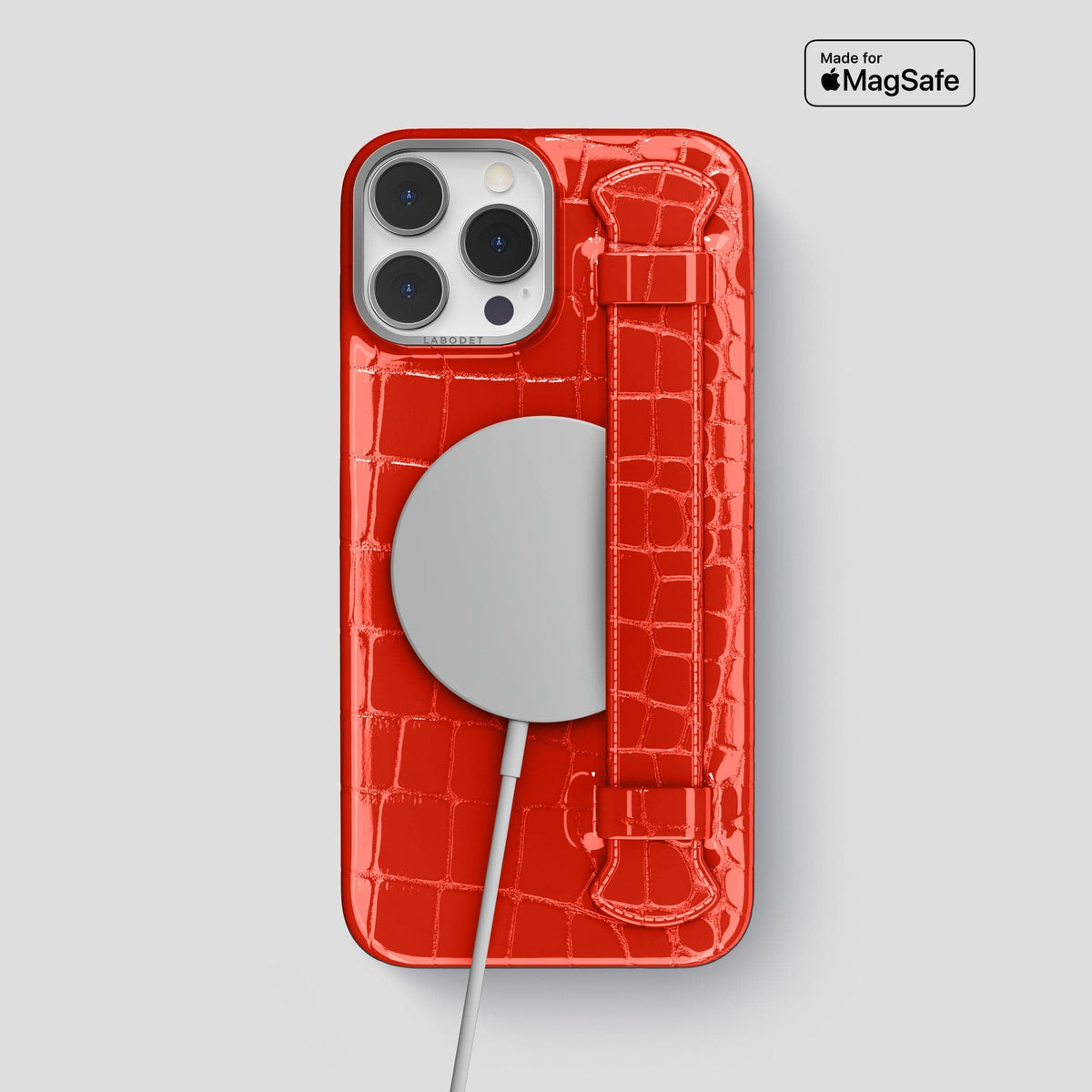 Coral Orange iPhone 14 Pro Max Strap Case Shiny Alligator with Steel Metal -5 | Coral-Orange-Steel