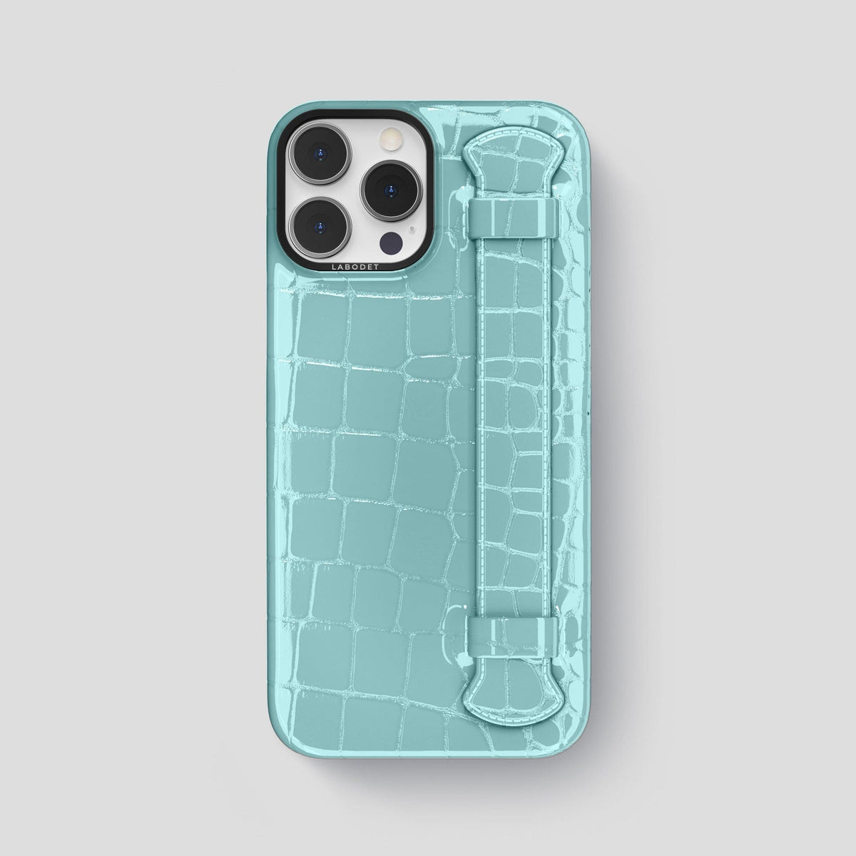 Light Blue iPhone 14 Pro Max Strap Case Shiny Alligator with Black Metal -1 | Light-Blue-Black