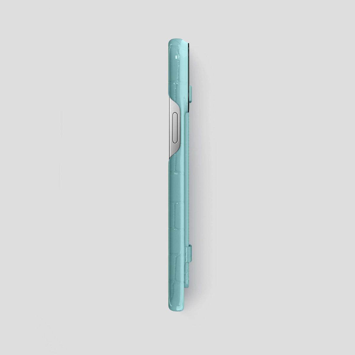 Light Blue iPhone 14 Pro Max Strap Case Shiny Alligator with Black Metal -3 | Light-Blue-Black
