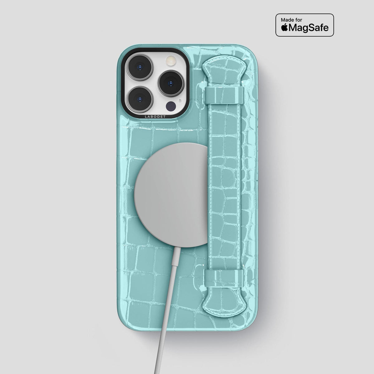 Light Blue iPhone 14 Pro Max Strap Case Shiny Alligator with Black Metal -5 | Light-Blue-Black