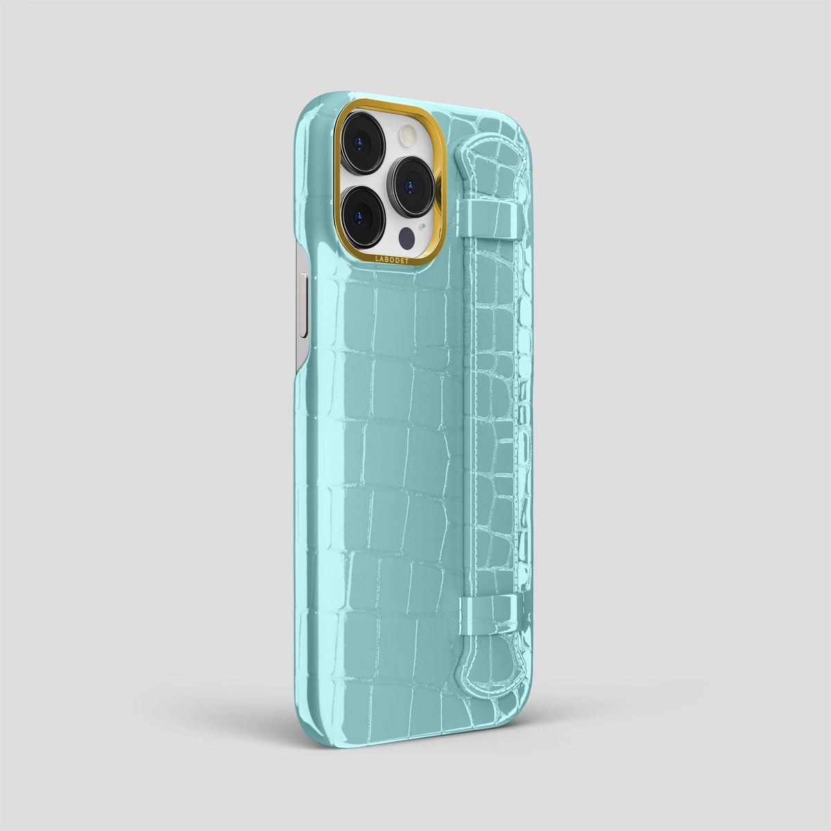Light Blue iPhone 14 Pro Max Strap Case Shiny Alligator with Gold Metal -2 | Light-Blue-Gold
