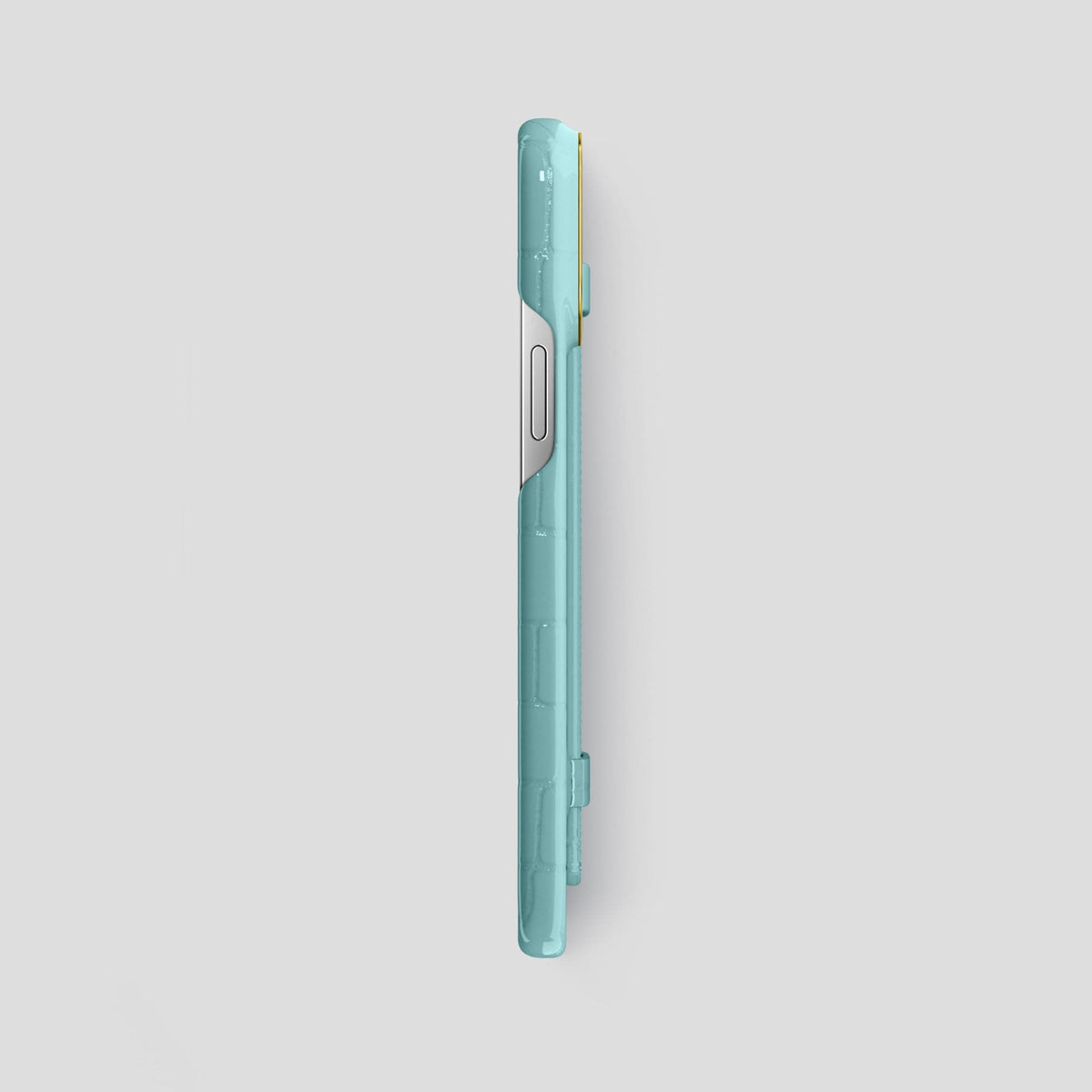 Light Blue iPhone 14 Pro Max Strap Case Shiny Alligator with Gold Metal -3 | Light-Blue-Gold
