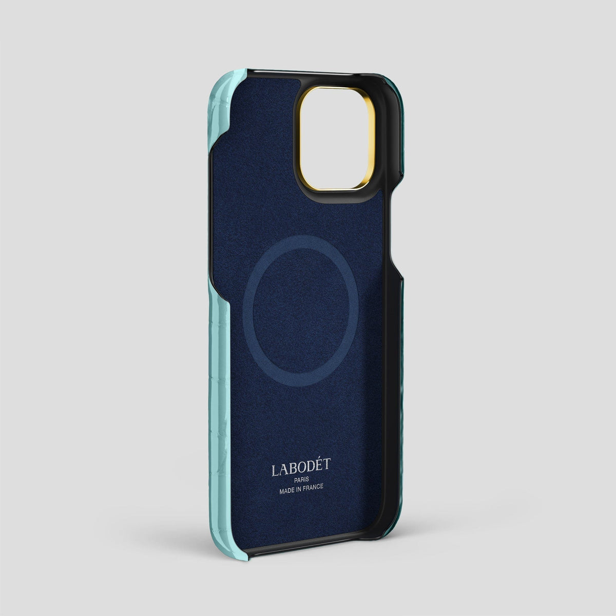 Light Blue iPhone 14 Pro Max Strap Case Shiny Alligator with Gold Metal -4 | Light-Blue-Gold
