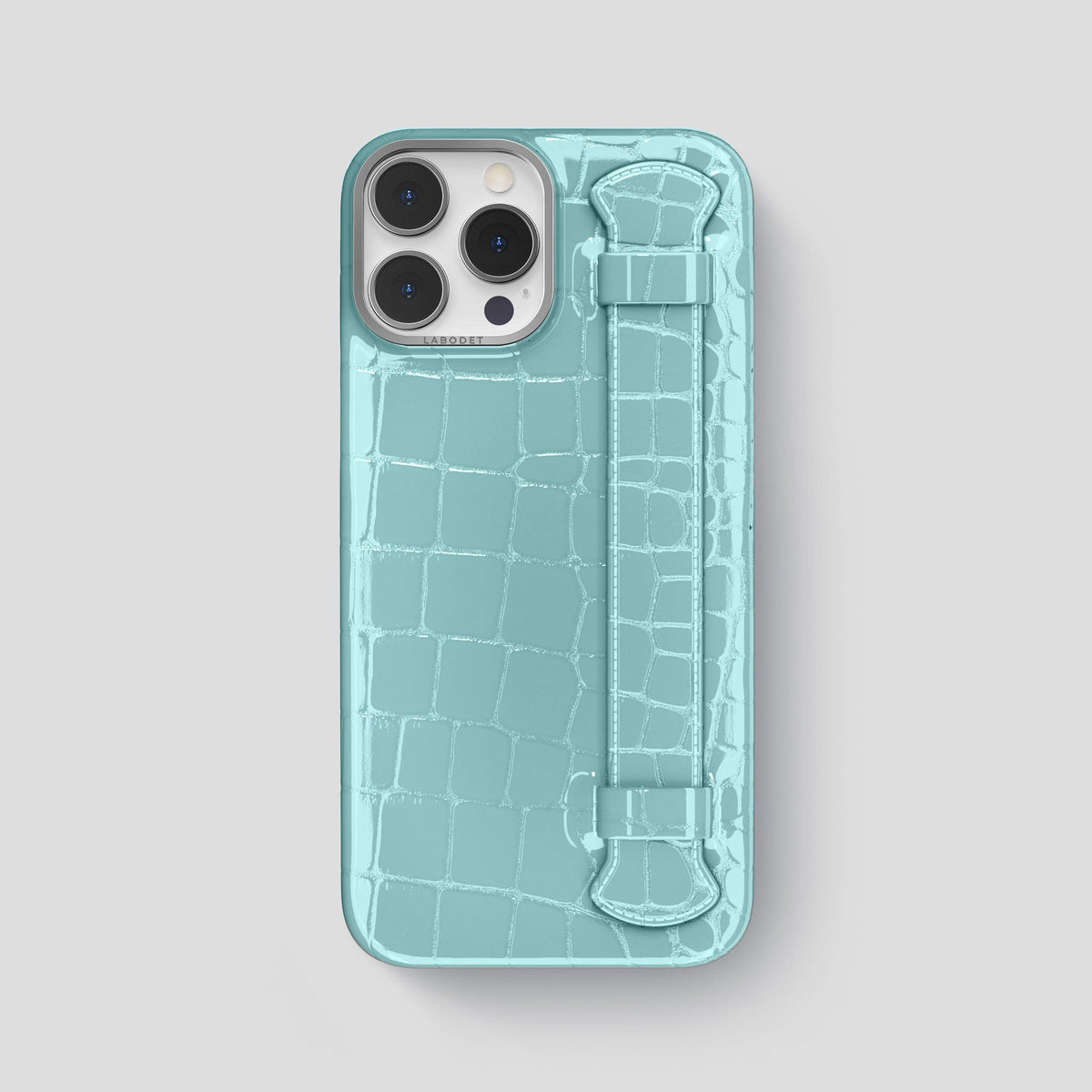 Light Blue iPhone 14 Pro Max Strap Case Shiny Alligator with Steel Metal -1 | Light-Blue-Steel