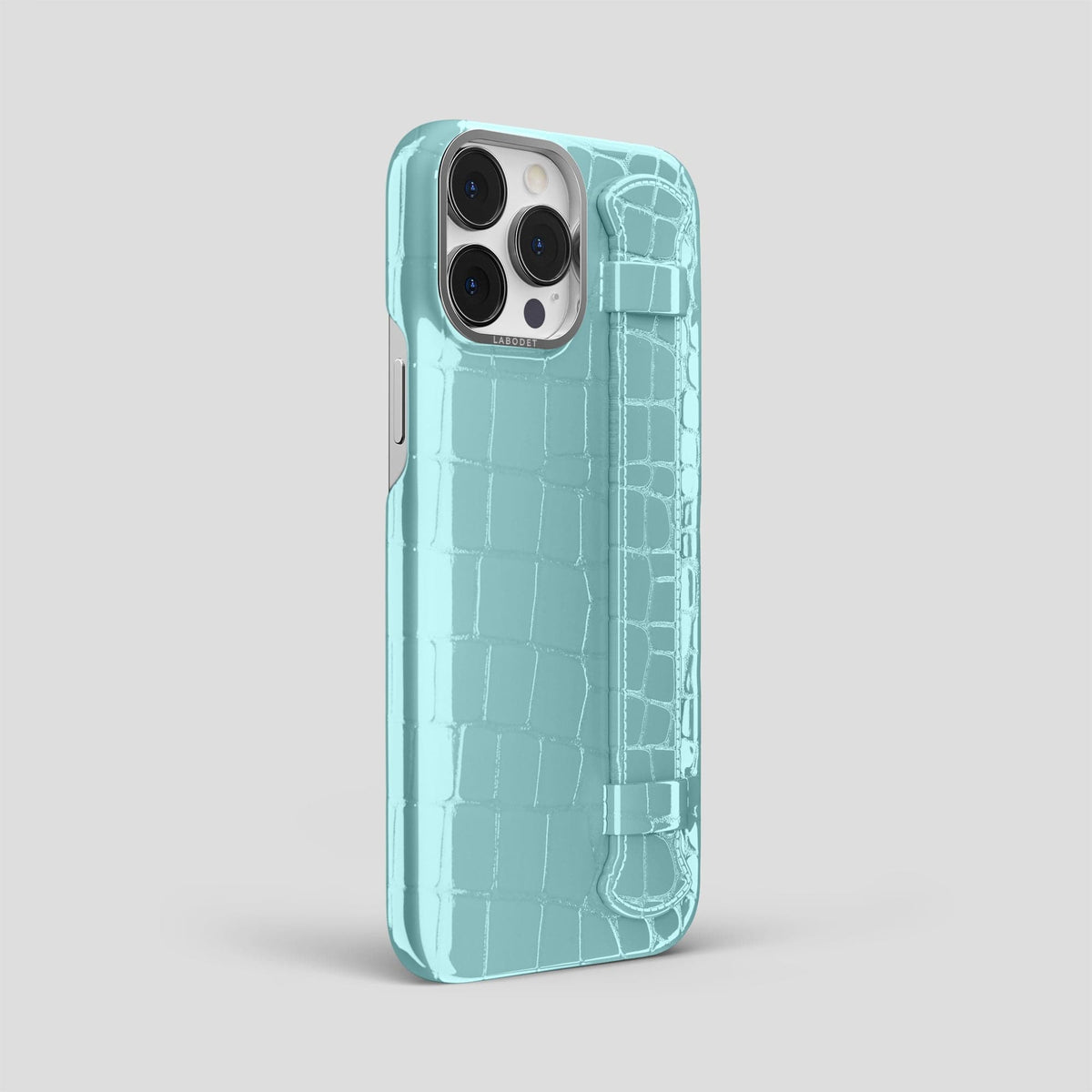 Light Blue iPhone 14 Pro Max Strap Case Shiny Alligator with Steel Metal -2 | Light-Blue-Steel
