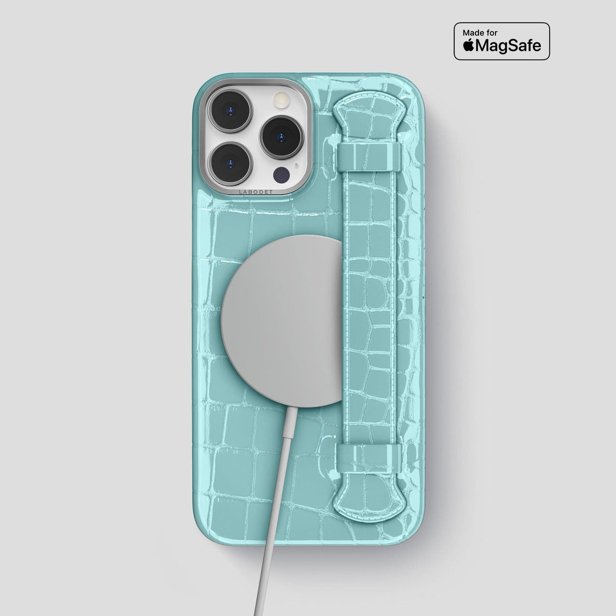 Light Blue iPhone 14 Pro Max Strap Case Shiny Alligator with Steel Metal -5 | Light-Blue-Steel
