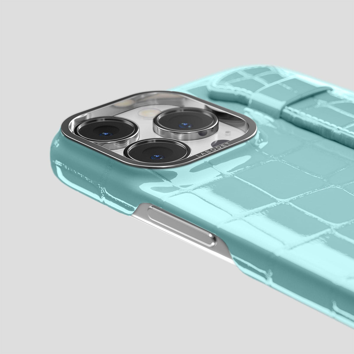 Light Blue iPhone 14 Pro Max Strap Case Shiny Alligator with Steel Metal -6 | Light-Blue-Steel