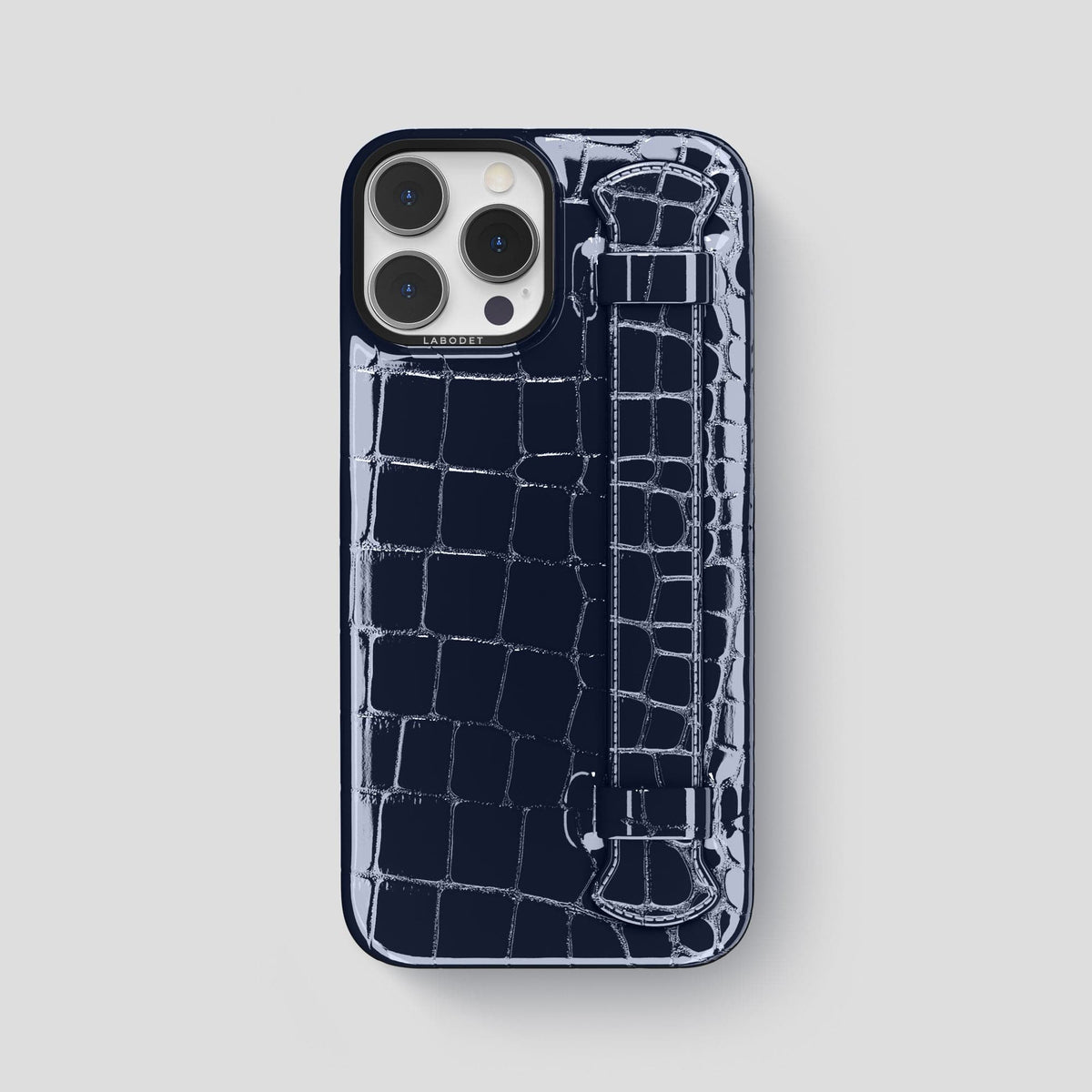 Navy-Blue iPhone 14 Pro Max Strap Case Shiny Alligator with Black Metal -1 | Navy-Blue-Black