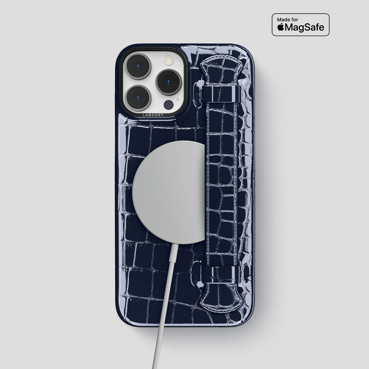 Navy-Blue iPhone 14 Pro Max Strap Case Shiny Alligator with Black Metal -5 | Navy-Blue-Black