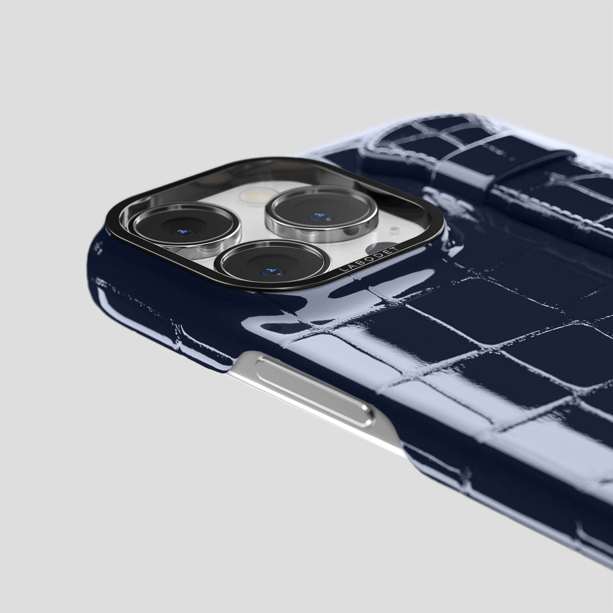 Navy-Blue iPhone 14 Pro Max Strap Case Shiny Alligator with Black Metal -6 | Navy-Blue-Black