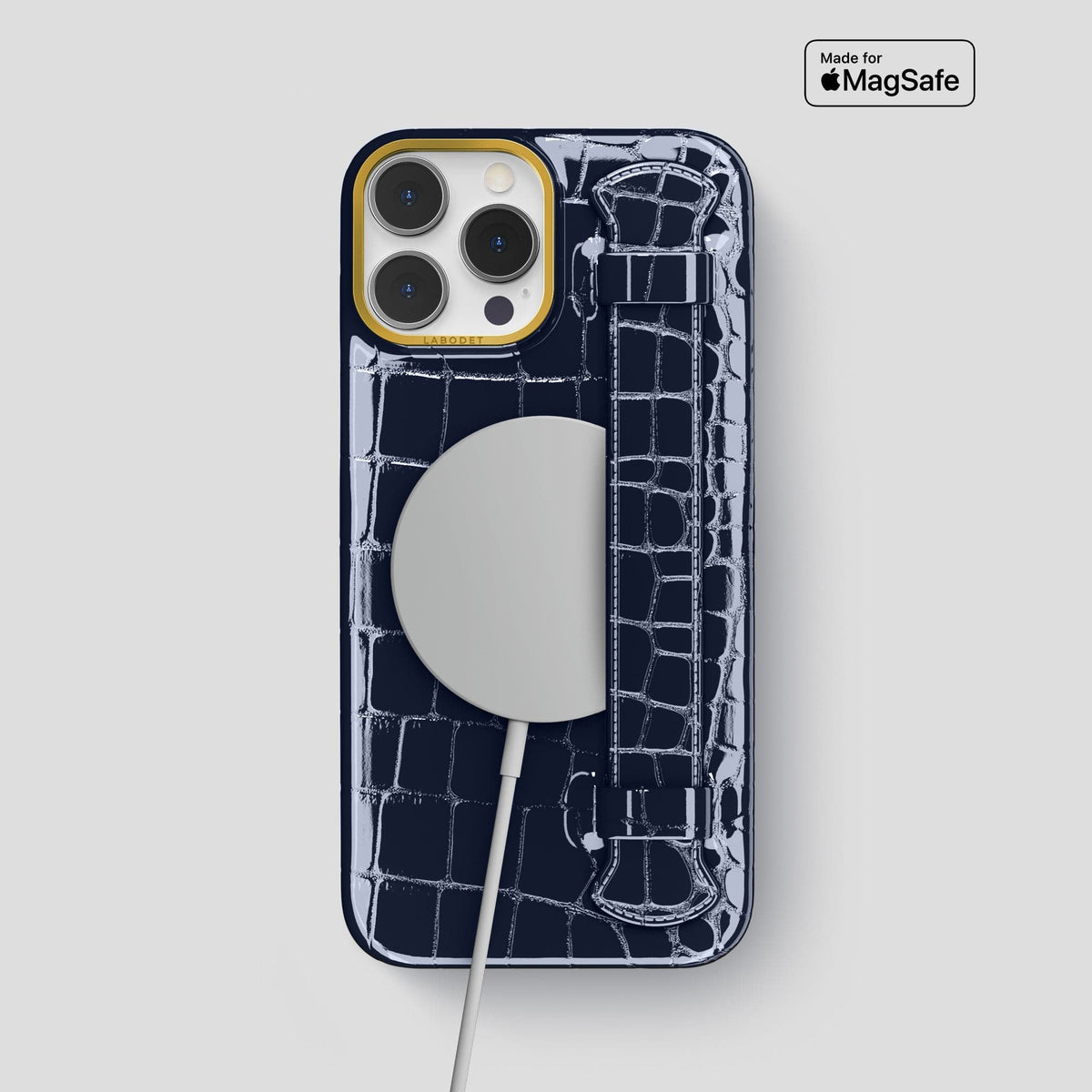Navy-Blue iPhone 14 Pro Max Strap Case Shiny Alligator with Gold Metal -5 | Navy-Blue-Gold